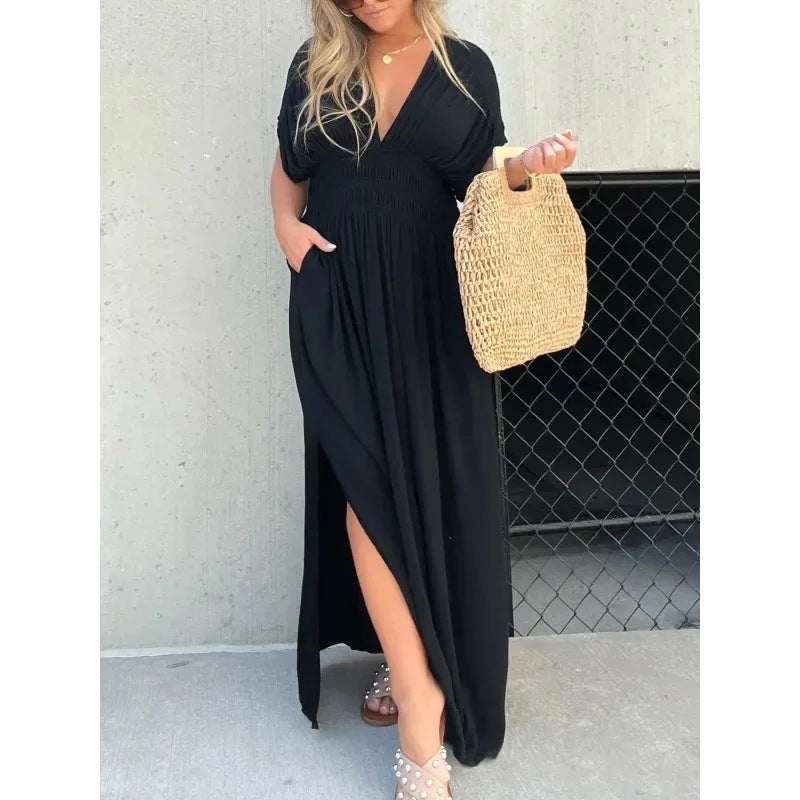 Elara Ave™- Bat-sleeved V-neck Maxi Dress