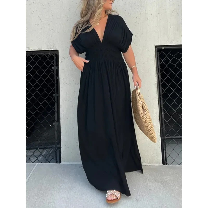 Elara Ave™- Bat-sleeved V-neck Maxi Dress